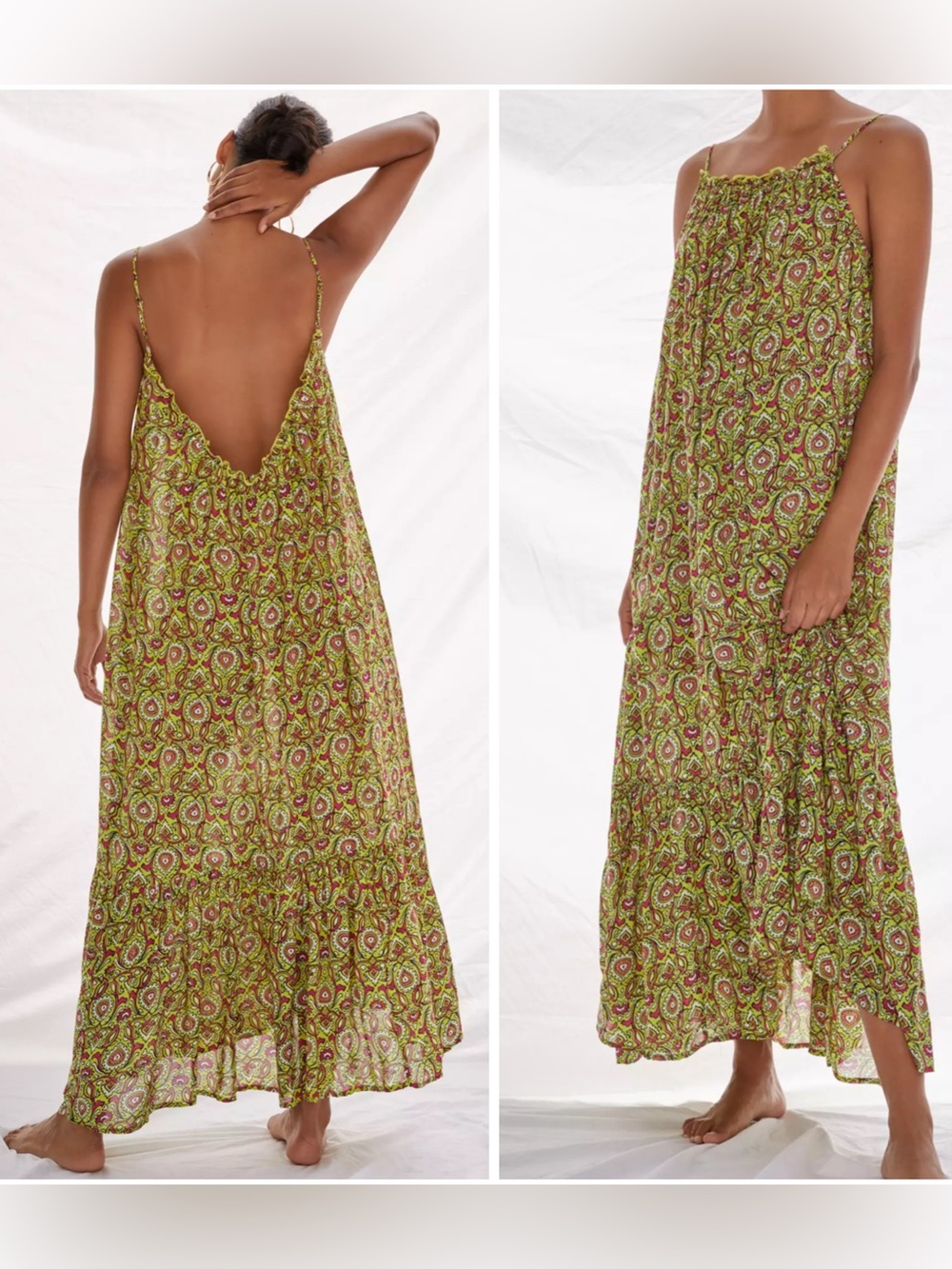 By Anthropologie Flounced Maxi Lounge Dress XS boho low back